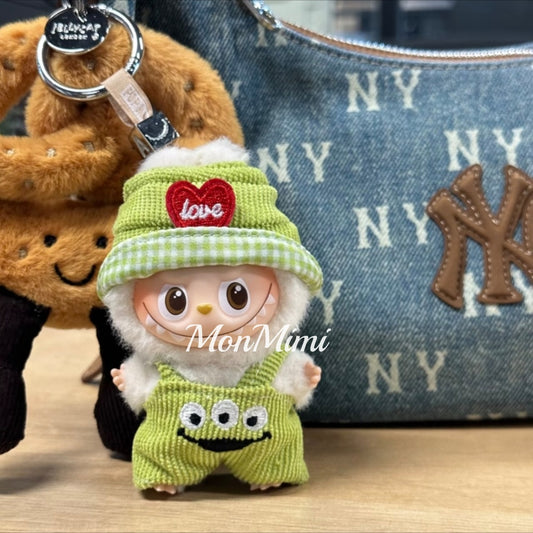 10cm Mini Monsters Labubu Love Alien Green Mini Outfit Hat & Overalls Set-Lm004