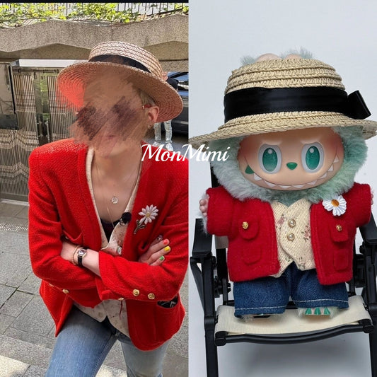 15–17cm The Monsters Labubu GD Inspired Red Suit & Straw Hat Doll Outfit – L036