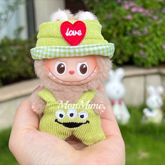 10cm Mini Monsters Labubu Love Alien Green Mini Outfit Hat & Overalls Set-Lm004