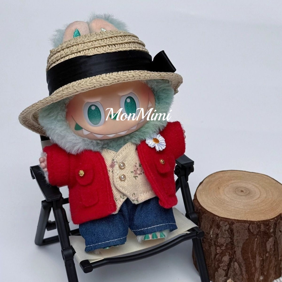 15–17cm The Monsters Labubu GD Inspired Red Suit & Straw Hat Doll Outfit – L036