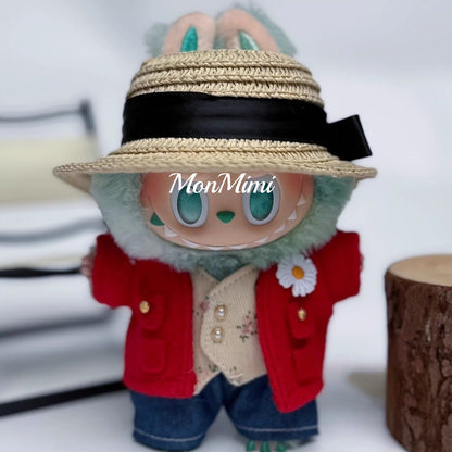 15–17cm The Monsters Labubu GD Inspired Red Suit & Straw Hat Doll Outfit – L036