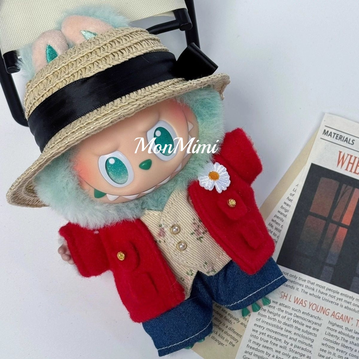 15–17cm The Monsters Labubu GD Inspired Red Suit & Straw Hat Doll Outfit – L036